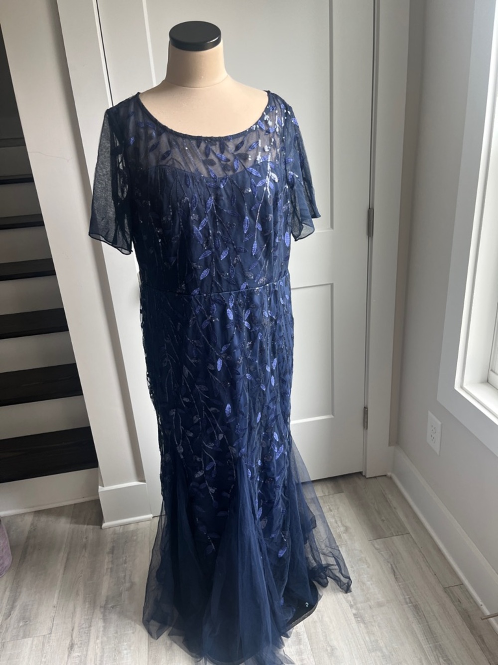 Navy Beaded Tulle Evening Gown